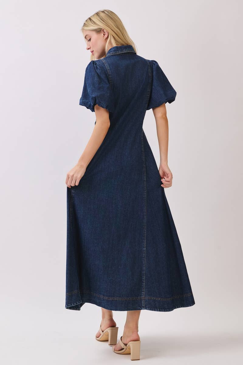 Washed Denim Button Down Maxi Dress HD3253-DARK DENIM