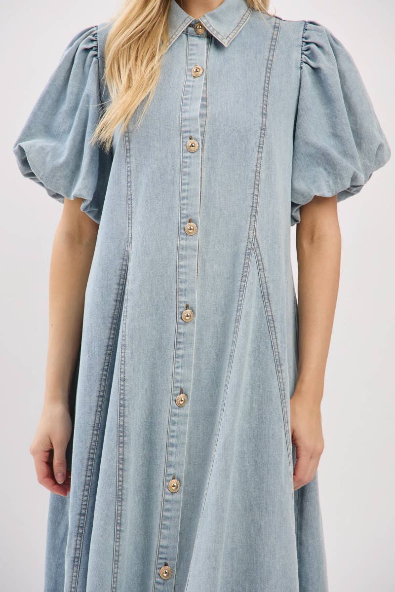 Washed Denim Button Down Maxi Dress-LIGHT DENIM