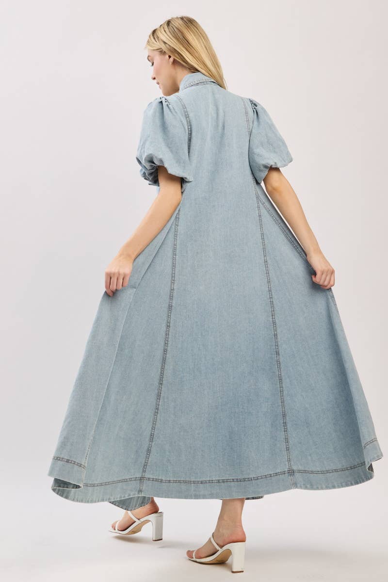 Washed Denim Button Down Maxi Dress-LIGHT DENIM