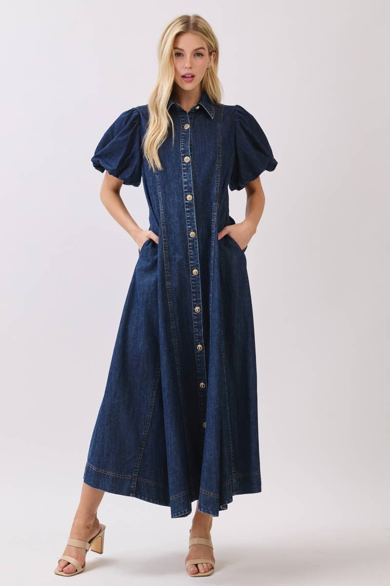 Washed Denim Button Down Maxi Dress HD3253-DARK DENIM
