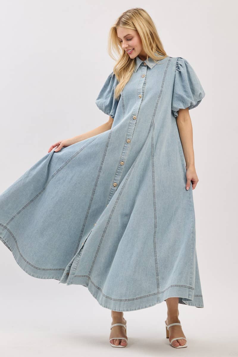 Washed Denim Button Down Maxi Dress-LIGHT DENIM