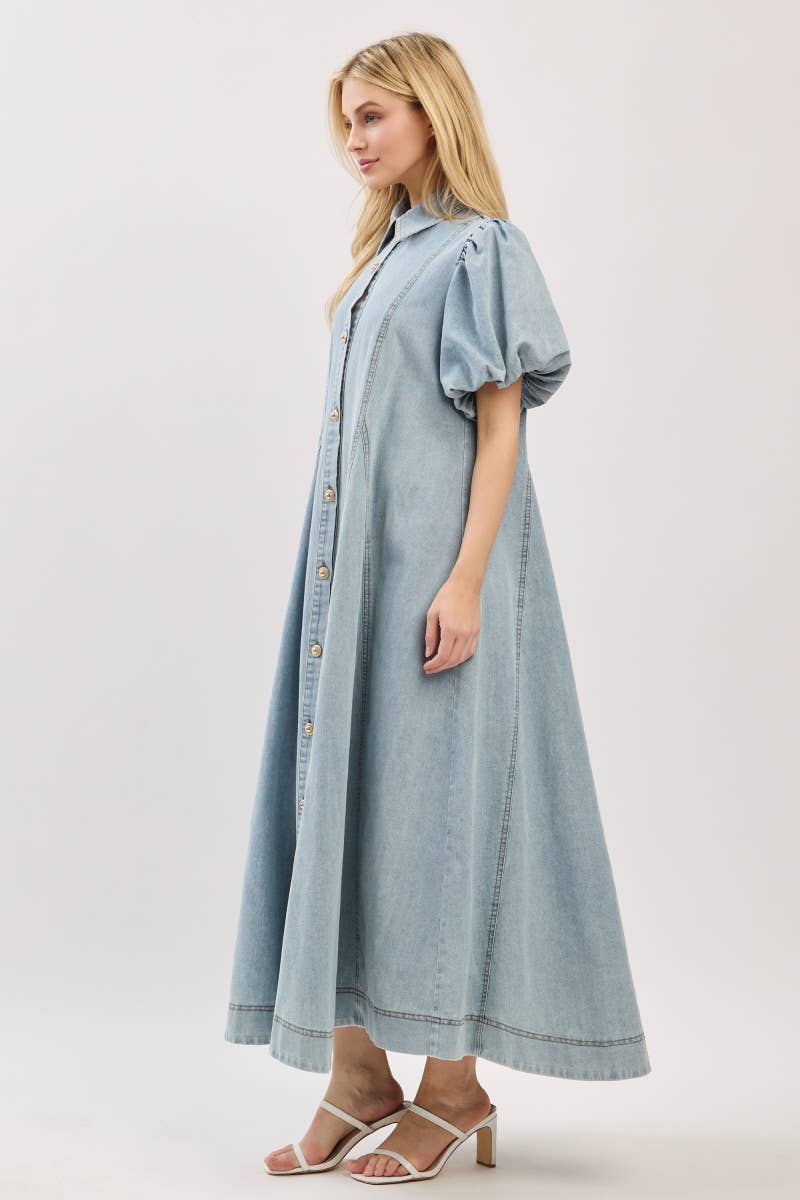 Washed Denim Button Down Maxi Dress-LIGHT DENIM