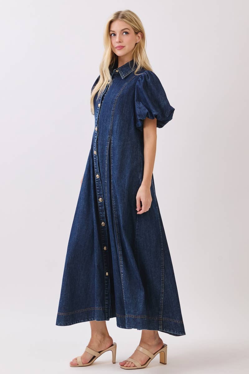 Washed Denim Button Down Maxi Dress HD3253-DARK DENIM