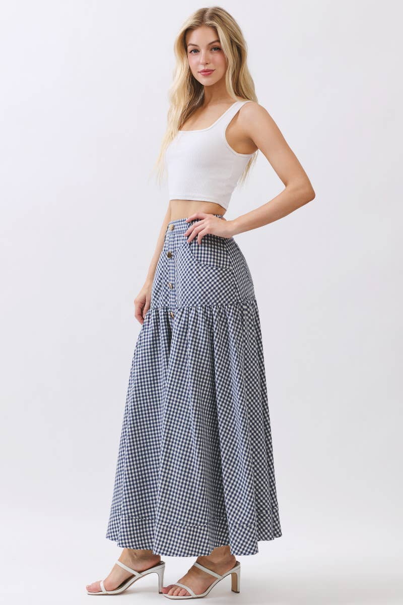 Gingham Print A-Line Maxi Skirts HS3524-NAVY