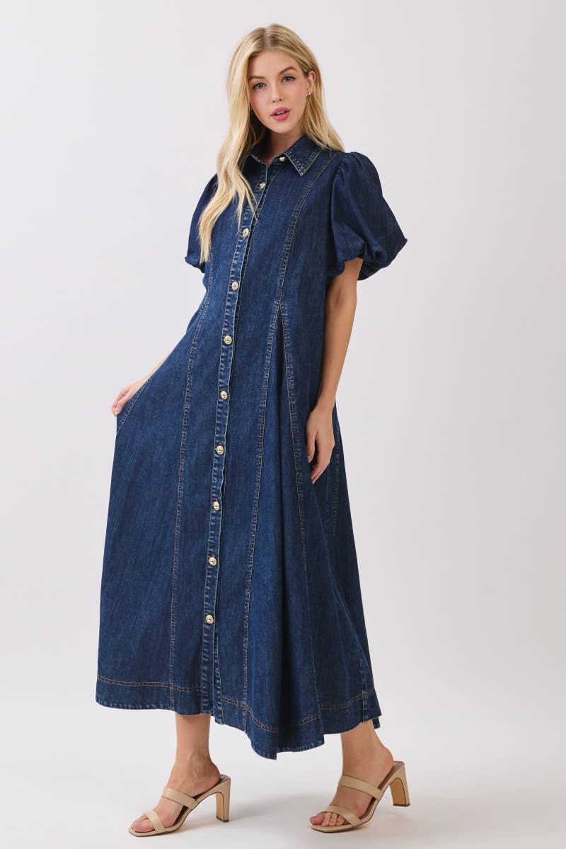Washed Denim Button Down Maxi Dress HD3253-DARK DENIM