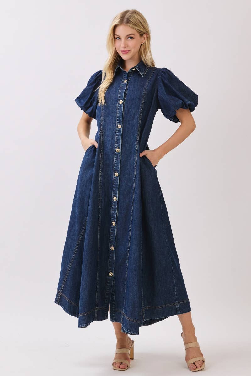 Washed Denim Button Down Maxi Dress HD3253-DARK DENIM
