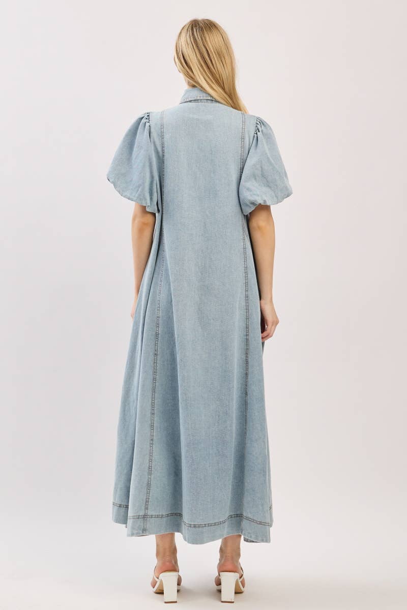 Washed Denim Button Down Maxi Dress-LIGHT DENIM