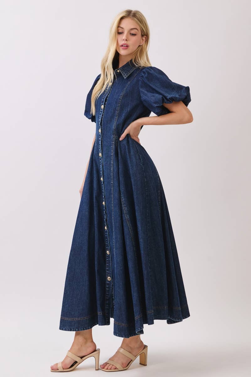 Washed Denim Button Down Maxi Dress HD3253-DARK DENIM